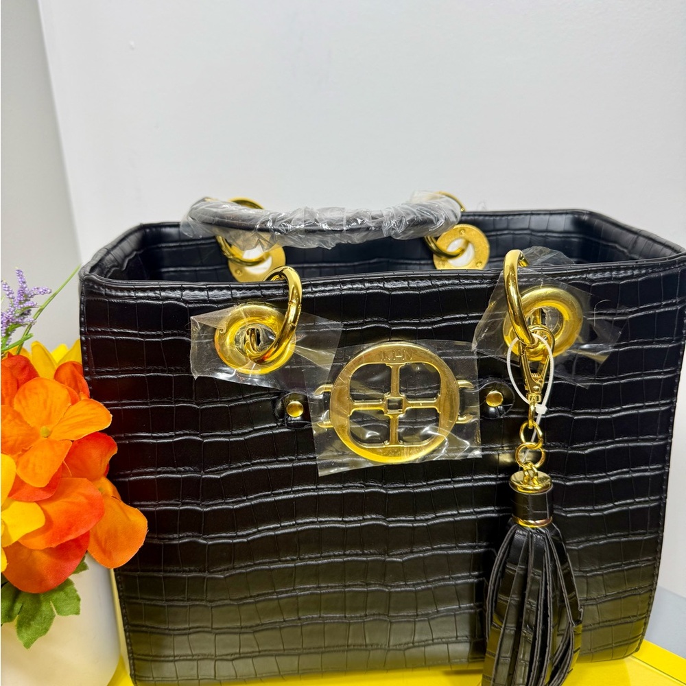 IMAN Black and Gold Structured Shoulder Bag